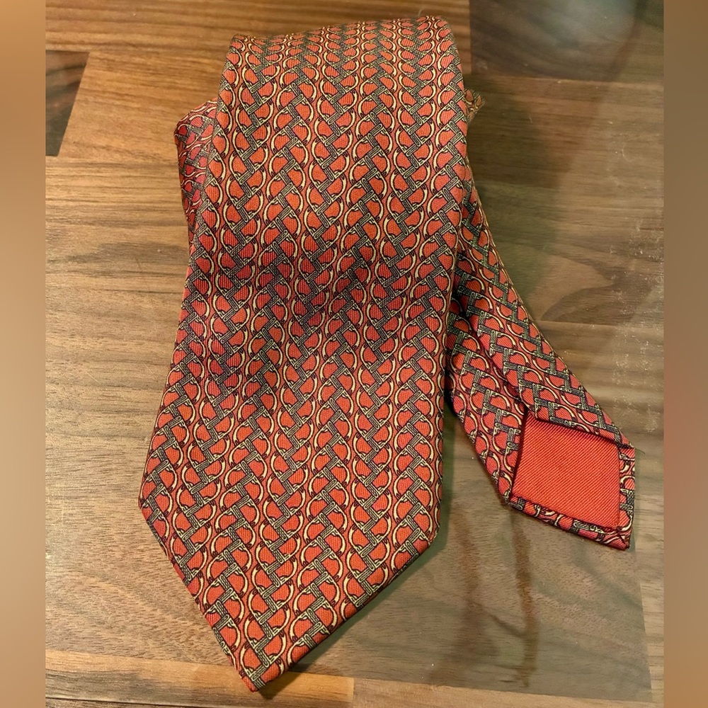 VINTAGE Hermes Red and Gray Geometric Tie 100% Silk Paris